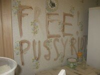 The words "Free Pussy Riot" written on the wall are seen inside an apartment in this undated handout image in Kazan